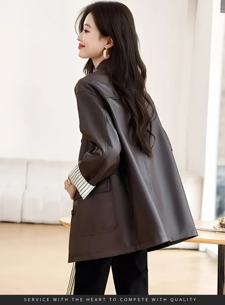 가을 겨울철 새로운 디자인 센스 패치워크 검정색 PU 가죽 여성 코트 바 En 바람 아메리칸 루즈핏 캐주얼 재킷 맨위 상세 이미지 9