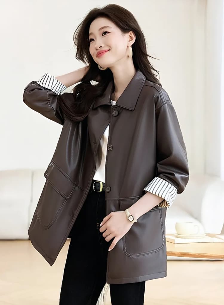 가을 겨울철 새로운 디자인 센스 패치워크 검정색 PU 가죽 여성 코트 바 En 바람 아메리칸 루즈핏 캐주얼 재킷 맨위 상세 이미지 11