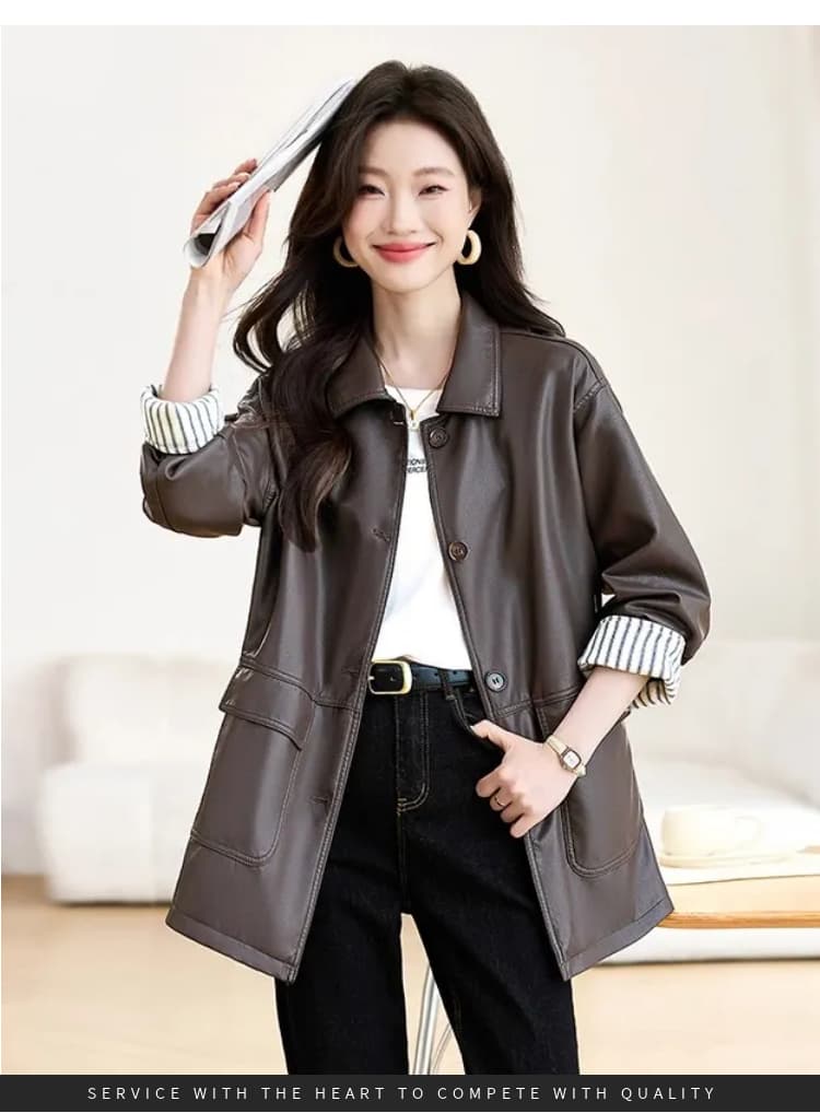 가을 겨울철 새로운 디자인 센스 패치워크 검정색 PU 가죽 여성 코트 바 En 바람 아메리칸 루즈핏 캐주얼 재킷 맨위 상세 이미지 12