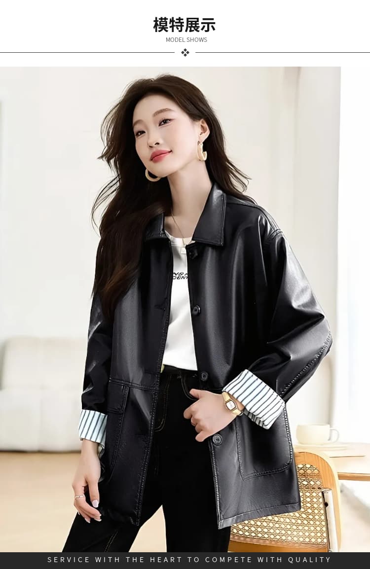 가을 겨울철 새로운 디자인 센스 패치워크 검정색 PU 가죽 여성 코트 바 En 바람 아메리칸 루즈핏 캐주얼 재킷 맨위 상세 이미지 13