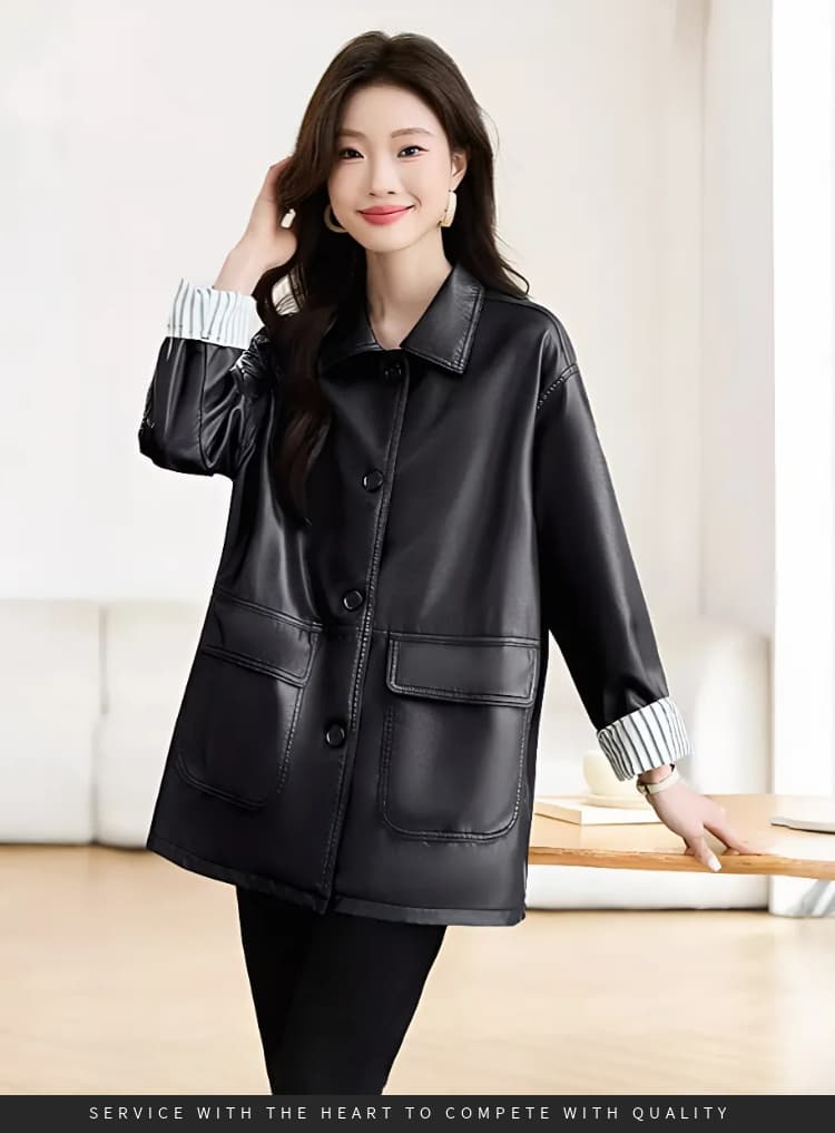 가을 겨울철 새로운 디자인 센스 패치워크 검정색 PU 가죽 여성 코트 바 En 바람 아메리칸 루즈핏 캐주얼 재킷 맨위 상세 이미지 14