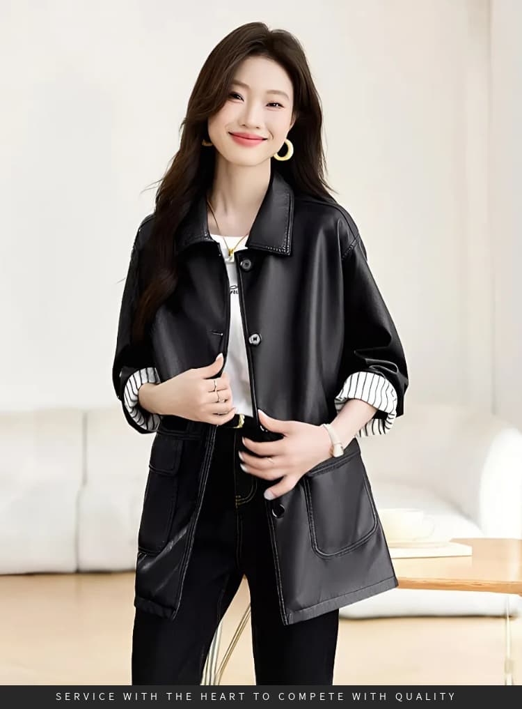 가을 겨울철 새로운 디자인 센스 패치워크 검정색 PU 가죽 여성 코트 바 En 바람 아메리칸 루즈핏 캐주얼 재킷 맨위 상세 이미지 15