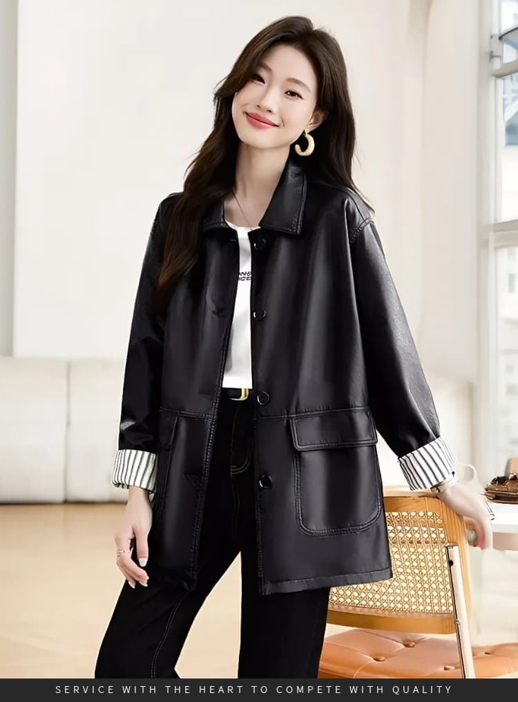 가을 겨울철 새로운 디자인 센스 패치워크 검정색 PU 가죽 여성 코트 바 En 바람 아메리칸 루즈핏 캐주얼 재킷 맨위 상세 이미지 16