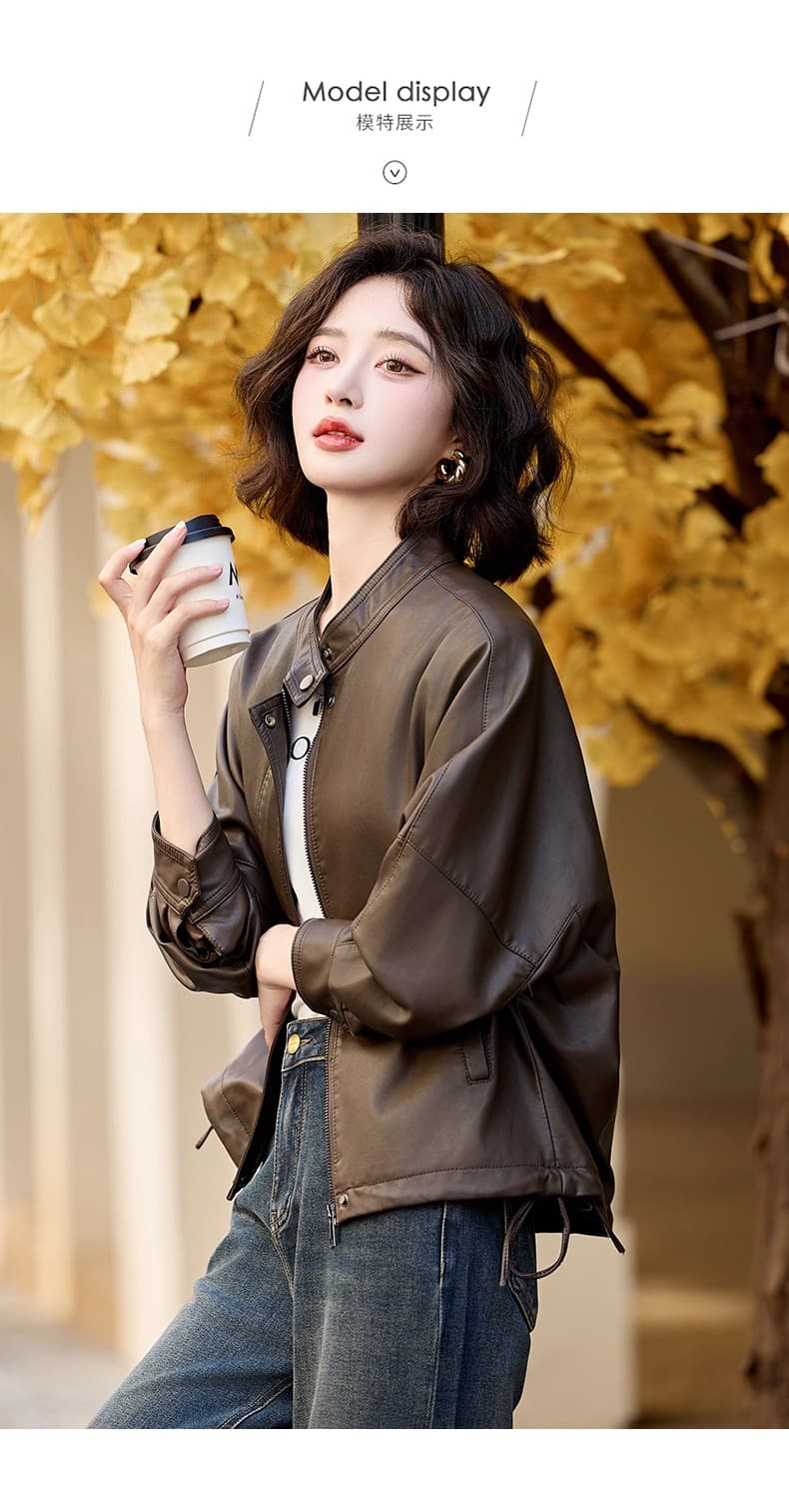 아름다움 라드. 가죽 재킷 여성 코트 이른 가을 미니멀리즘 새로운 쇼트 스타일 루즈핏 캐주얼 레트로 PU 가죽 오토바이 재킷 맨위 상세 이미지 10