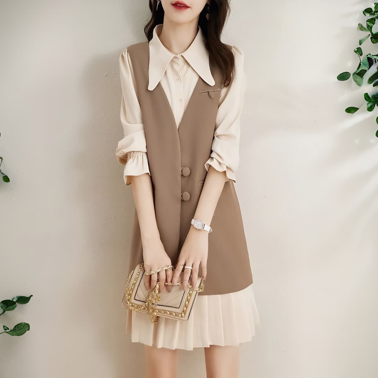 가을 의상 새로운 2026 긴팔 세트 셔츠 여성 드레스 허리 수축 품격 투피스 세트 작은 키 쉬폰 치마 이미지 4
