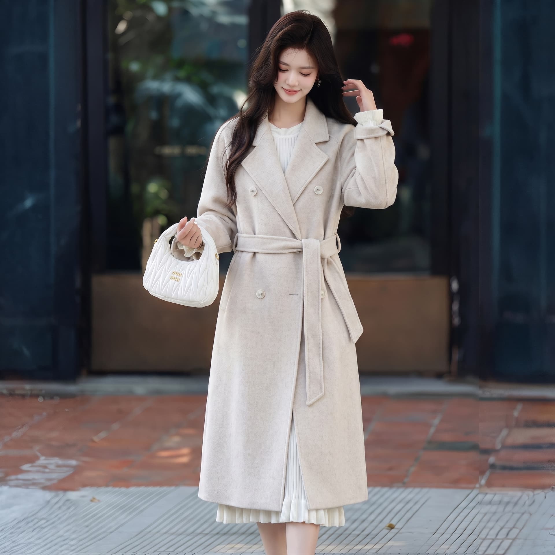 파란색 한 부서 출퇴근 외투 2026 년 가을 겨울 새로운 한국 스타일 루즈핏 중간 길이 레이스업 모직 여성 코트 이미지 3