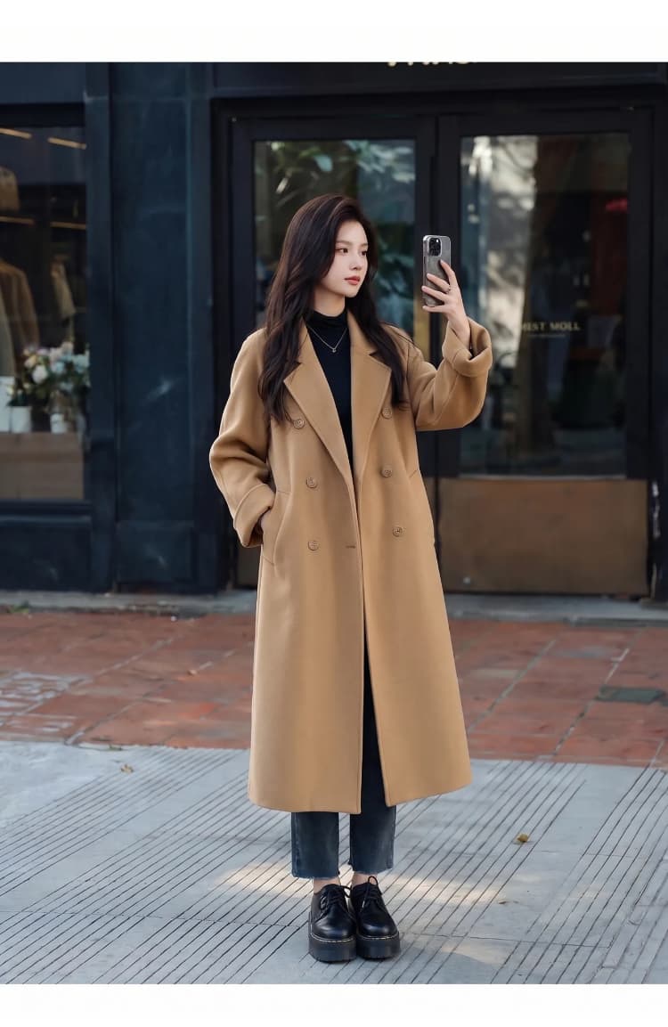 파란색 한 부서 출퇴근 외투 2026 년 가을 겨울 새로운 한국 스타일 루즈핏 중간 길이 레이스업 모직 여성 코트 상세 이미지 10