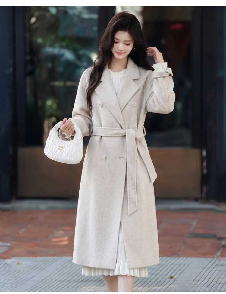 파란색 한 부서 출퇴근 외투 2026 년 가을 겨울 새로운 한국 스타일 루즈핏 중간 길이 레이스업 모직 여성 코트 상세 이미지 12