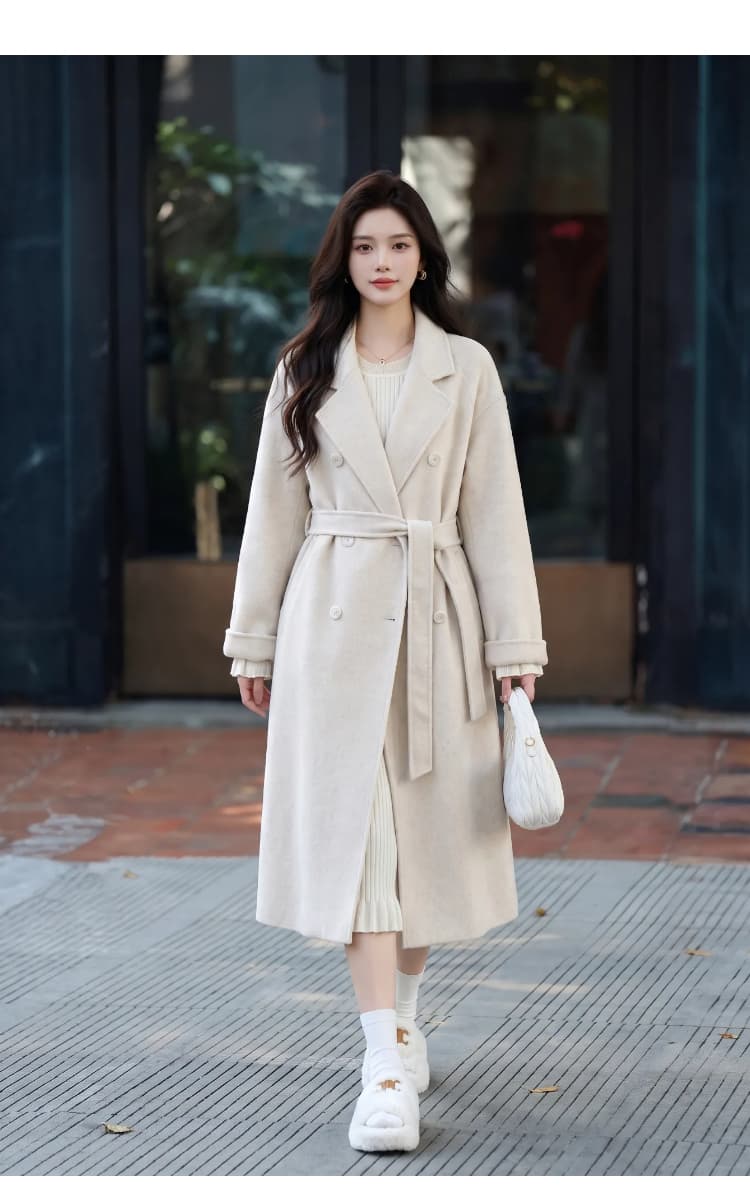 파란색 한 부서 출퇴근 외투 2026 년 가을 겨울 새로운 한국 스타일 루즈핏 중간 길이 레이스업 모직 여성 코트 상세 이미지 13