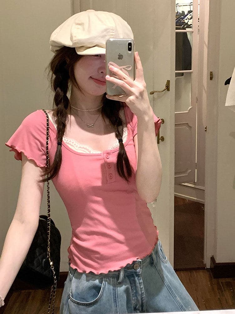 한 부서 달콤한 핫걸 u 칼라 단추 반팔 티셔츠 여성 자이언트 잘 생긴 ~ 중 작은 키 세련된 연령 감소 슬림해 보이는 쇼트 스타일 맨위 이미지 2