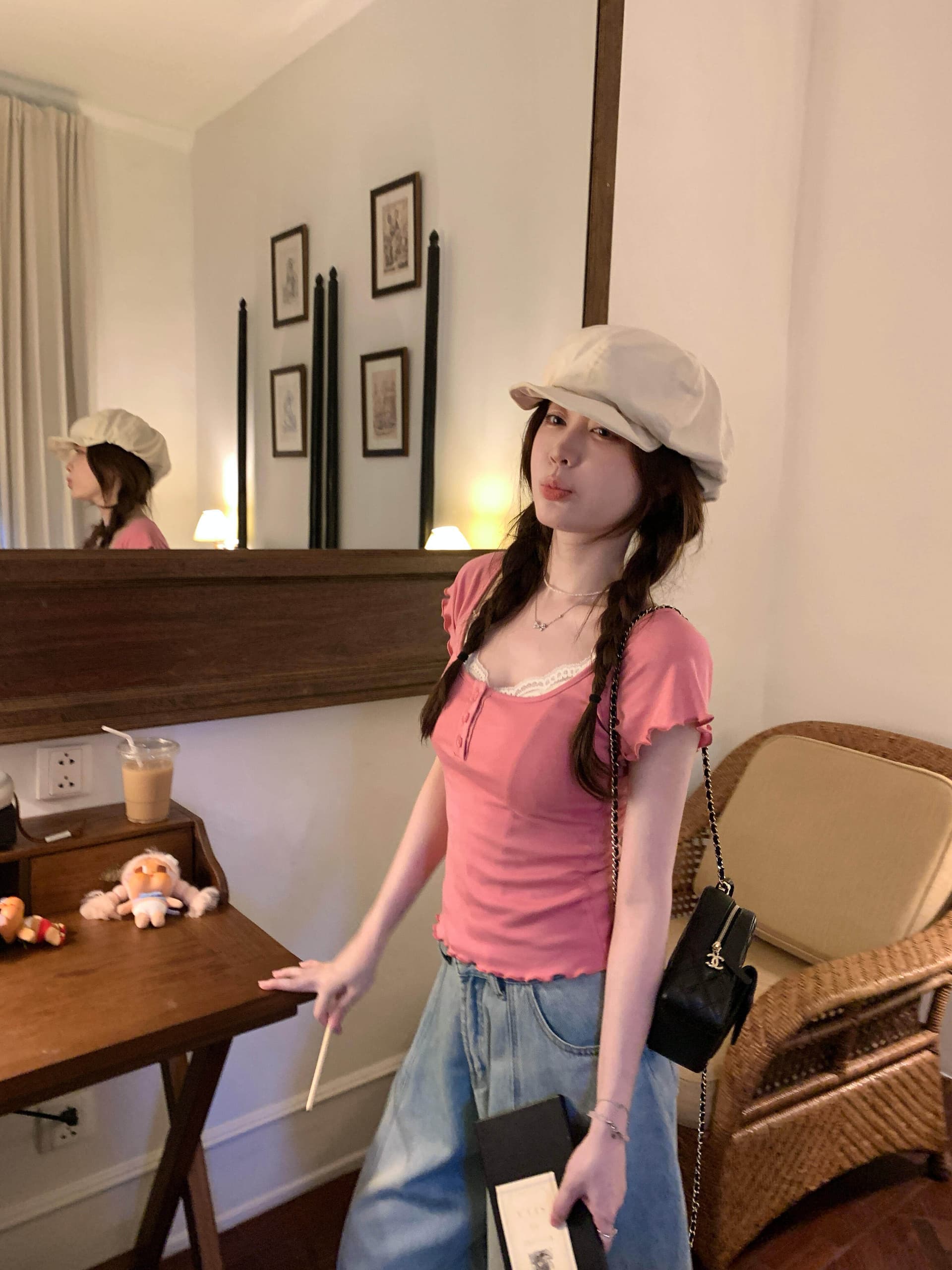 한 부서 달콤한 핫걸 u 칼라 단추 반팔 티셔츠 여성 자이언트 잘 생긴 ~ 중 작은 키 세련된 연령 감소 슬림해 보이는 쇼트 스타일 맨위 이미지 3
