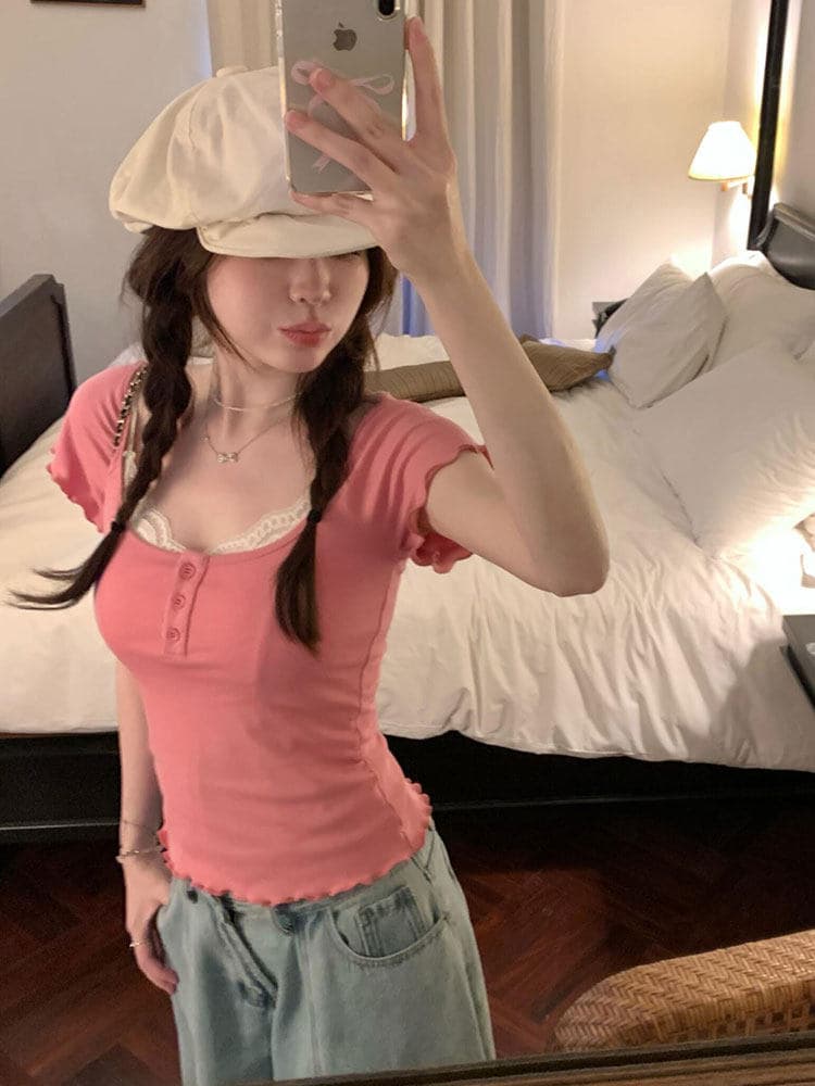 한 부서 달콤한 핫걸 u 칼라 단추 반팔 티셔츠 여성 자이언트 잘 생긴 ~ 중 작은 키 세련된 연령 감소 슬림해 보이는 쇼트 스타일 맨위 상세 이미지 5