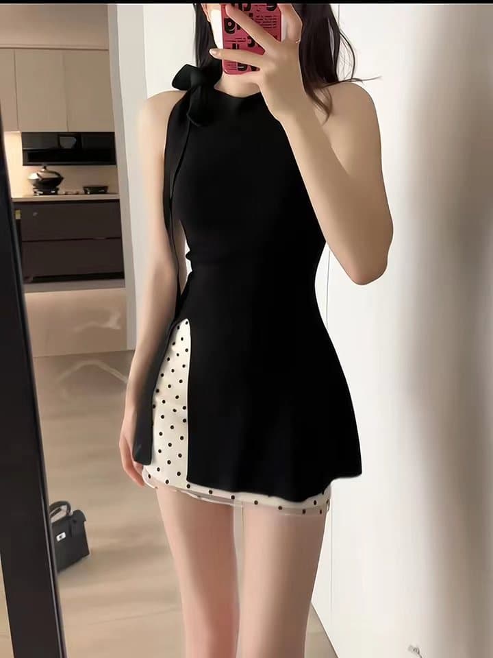순수한 욕망 바람 검정색 스트랩 트임 행침 목 맨위 여성 여름 우아함 도트 무늬 한 마디 타이트 스커트 반신 스커트 투피스 세트 상세 이미지 4