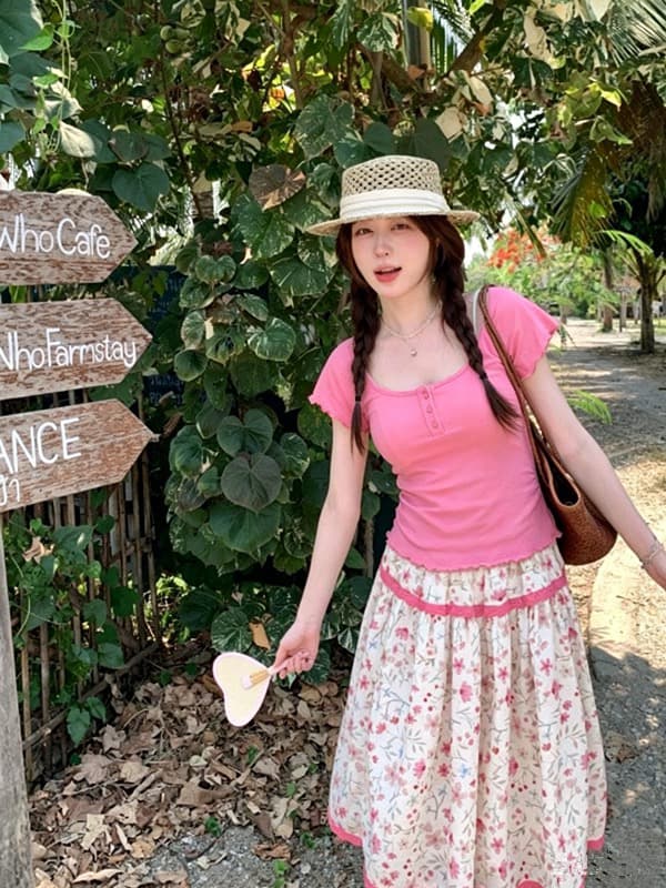 한 부서 달콤한 스타일 핑크색 u 칼라 긍정적 인 어깨 반팔 티셔츠 여성 꽃무늬 패치워크 반신 스커트 여름 부드러운 연령 감소 세트 이미지 2