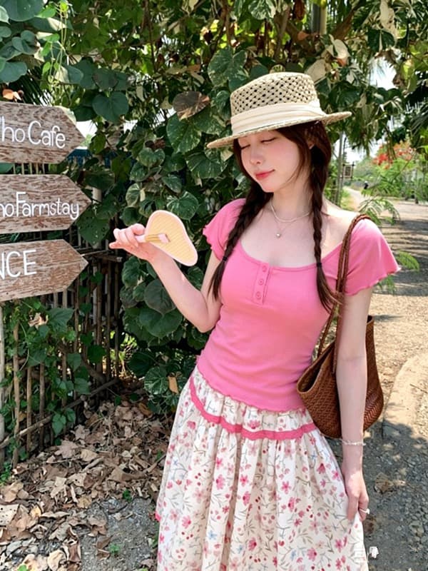 한 부서 달콤한 스타일 핑크색 u 칼라 긍정적 인 어깨 반팔 티셔츠 여성 꽃무늬 패치워크 반신 스커트 여름 부드러운 연령 감소 세트 이미지 3