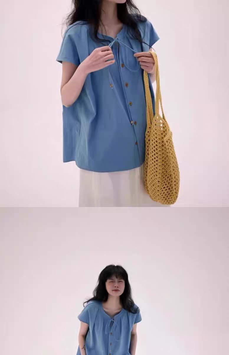 일본식 레트로 연령 감소 레이스업 작은 날다 소매 여성 셔츠 여름 루즈핏 반팔 셔츠 캐주얼 다용도 아마 맨위 이미지 4