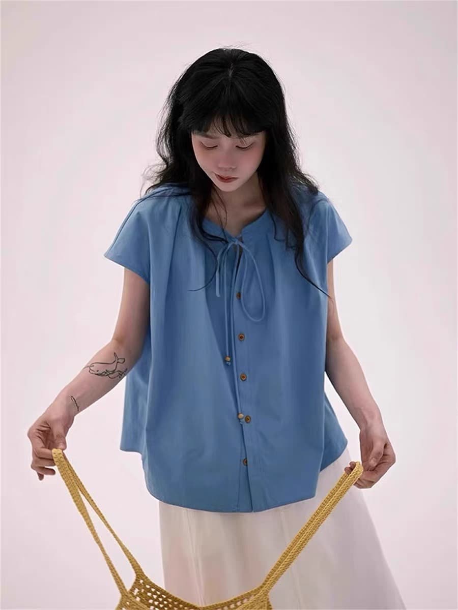 일본식 레트로 연령 감소 레이스업 작은 날다 소매 여성 셔츠 여름 루즈핏 반팔 셔츠 캐주얼 다용도 아마 맨위 상세 이미지 1