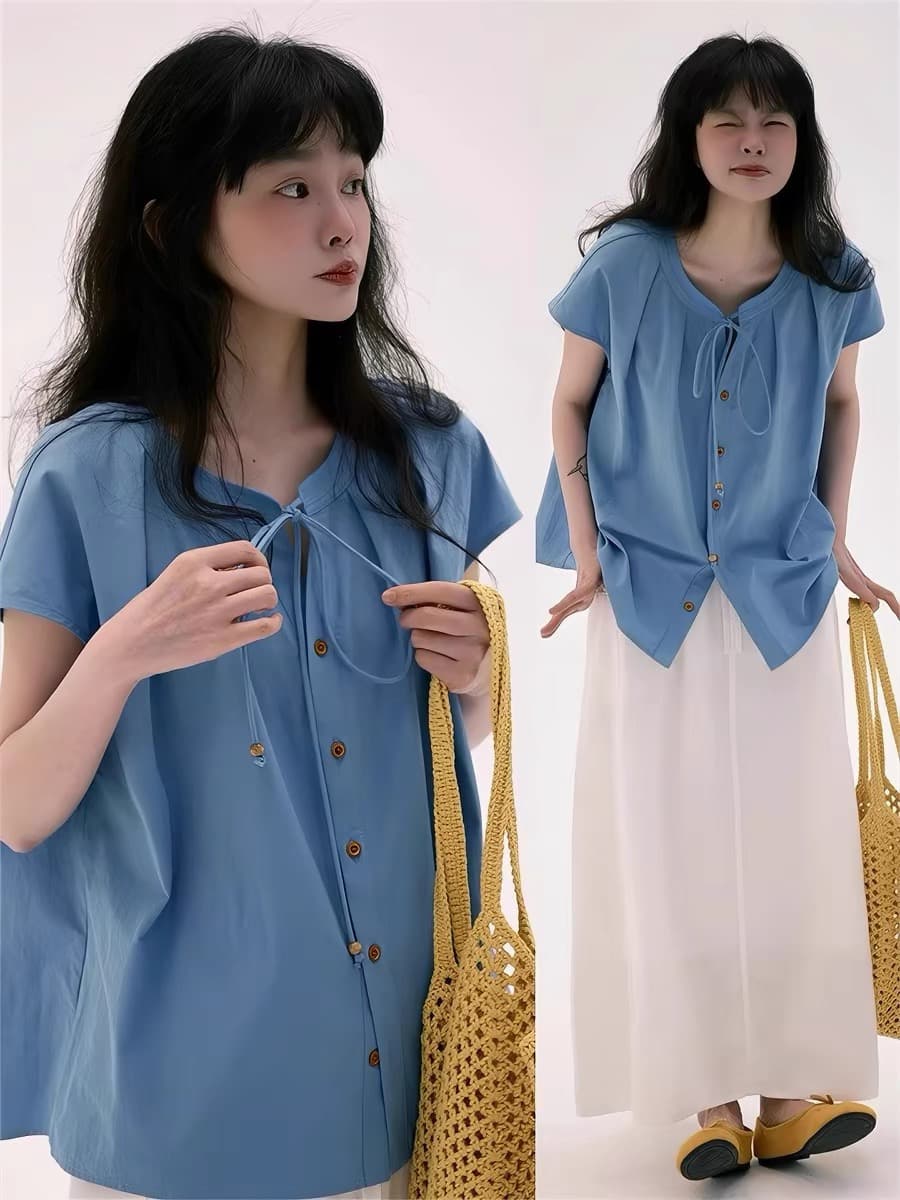 일본식 레트로 연령 감소 레이스업 작은 날다 소매 여성 셔츠 여름 루즈핏 반팔 셔츠 캐주얼 다용도 아마 맨위 상세 이미지 2