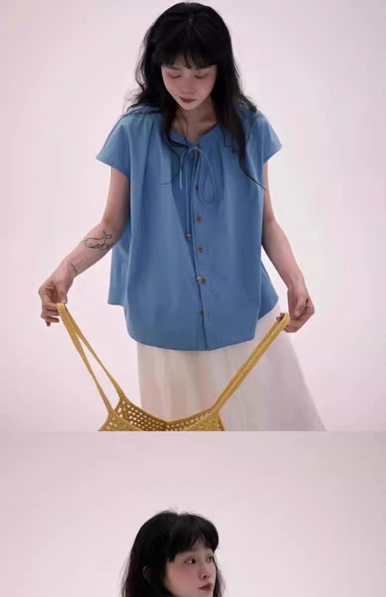 일본식 레트로 연령 감소 레이스업 작은 날다 소매 여성 셔츠 여름 루즈핏 반팔 셔츠 캐주얼 다용도 아마 맨위 상세 이미지 3
