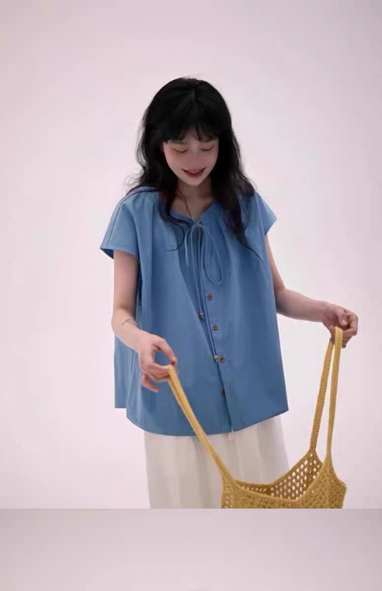 일본식 레트로 연령 감소 레이스업 작은 날다 소매 여성 셔츠 여름 루즈핏 반팔 셔츠 캐주얼 다용도 아마 맨위 상세 이미지 4