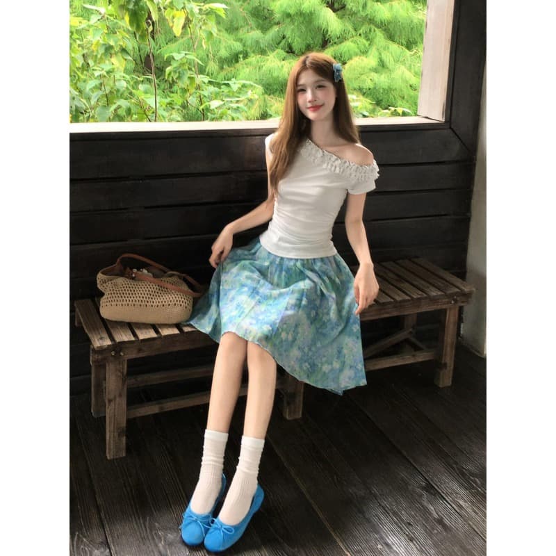 한 부서 달콤한 핫걸 세트 여성 여름 자이언트 잘 생긴 프릴 비스듬한 어깨 의류 꽃무늬 치마 ootd 착용 가져 가라. 전체 집합 상세 이미지 3