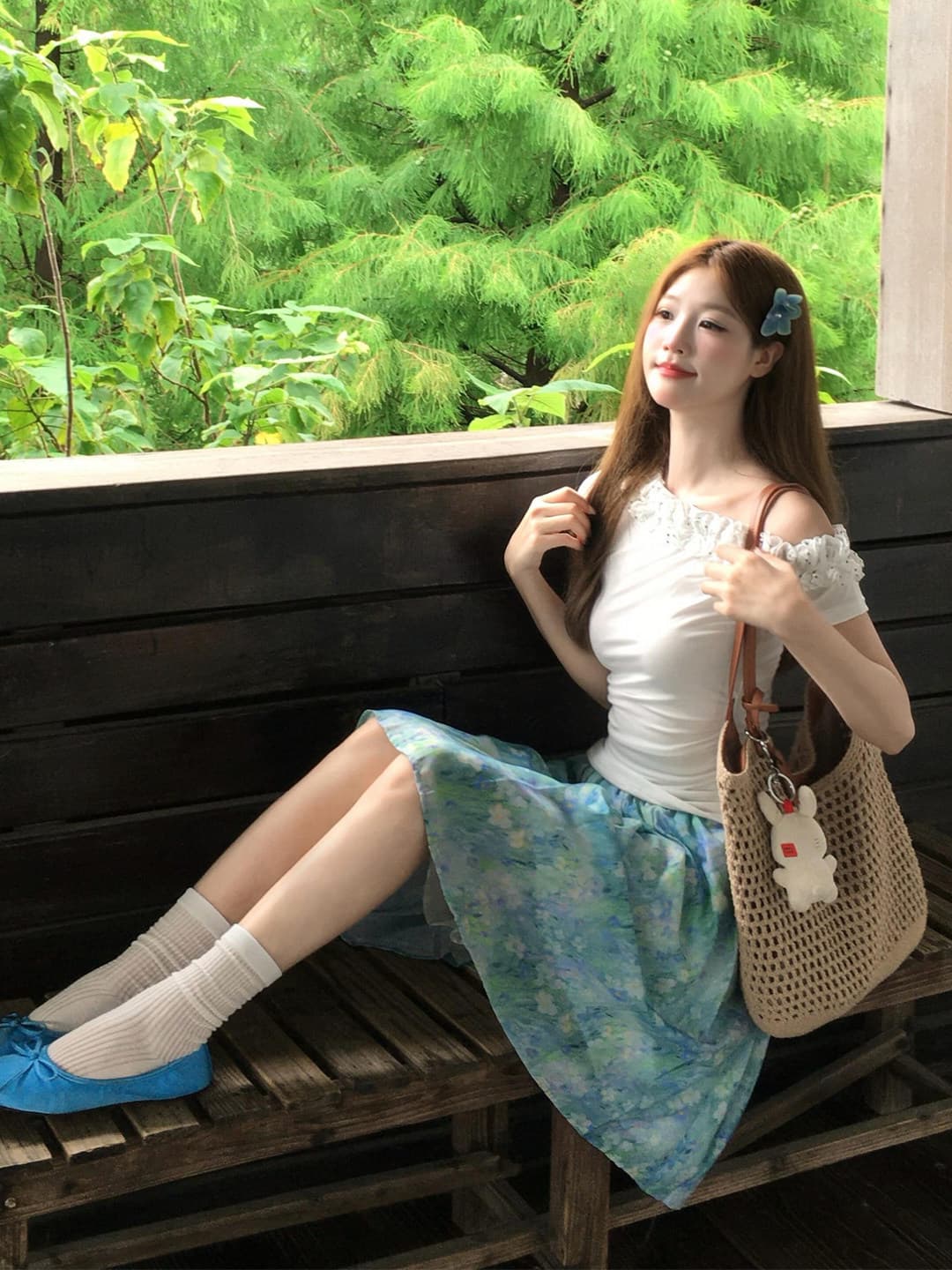 한 부서 달콤한 핫걸 세트 여성 여름 자이언트 잘 생긴 프릴 비스듬한 어깨 의류 꽃무늬 치마 ootd 착용 가져 가라. 전체 집합 상세 이미지 7