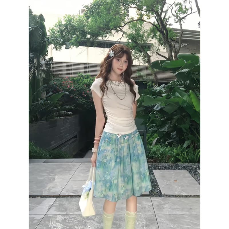 한 부서 달콤한 핫걸 세트 여성 여름 자이언트 잘 생긴 프릴 비스듬한 어깨 의류 꽃무늬 치마 ootd 착용 가져 가라. 전체 집합 이미지 2