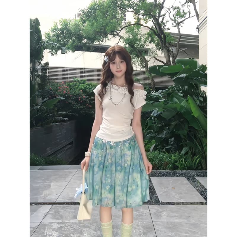 한 부서 달콤한 핫걸 세트 여성 여름 자이언트 잘 생긴 프릴 비스듬한 어깨 의류 꽃무늬 치마 ootd 착용 가져 가라. 전체 집합 이미지 5