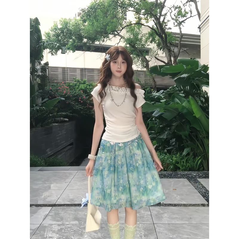 한 부서 달콤한 핫걸 세트 여성 여름 자이언트 잘 생긴 프릴 비스듬한 어깨 의류 꽃무늬 치마 ootd 착용 가져 가라. 전체 집합 이미지 3
