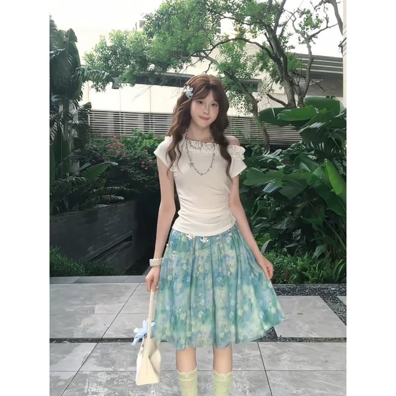 한 부서 달콤한 핫걸 세트 여성 여름 자이언트 잘 생긴 프릴 비스듬한 어깨 의류 꽃무늬 치마 ootd 착용 가져 가라. 전체 집합 상세 이미지 2