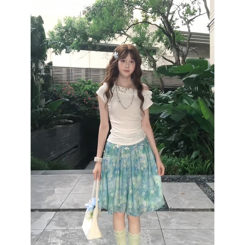 한 부서 달콤한 핫걸 세트 여성 여름 자이언트 잘 생긴 프릴 비스듬한 어깨 의류 꽃무늬 치마 ootd 착용 가져 가라. 전체 집합 상세 이미지 5