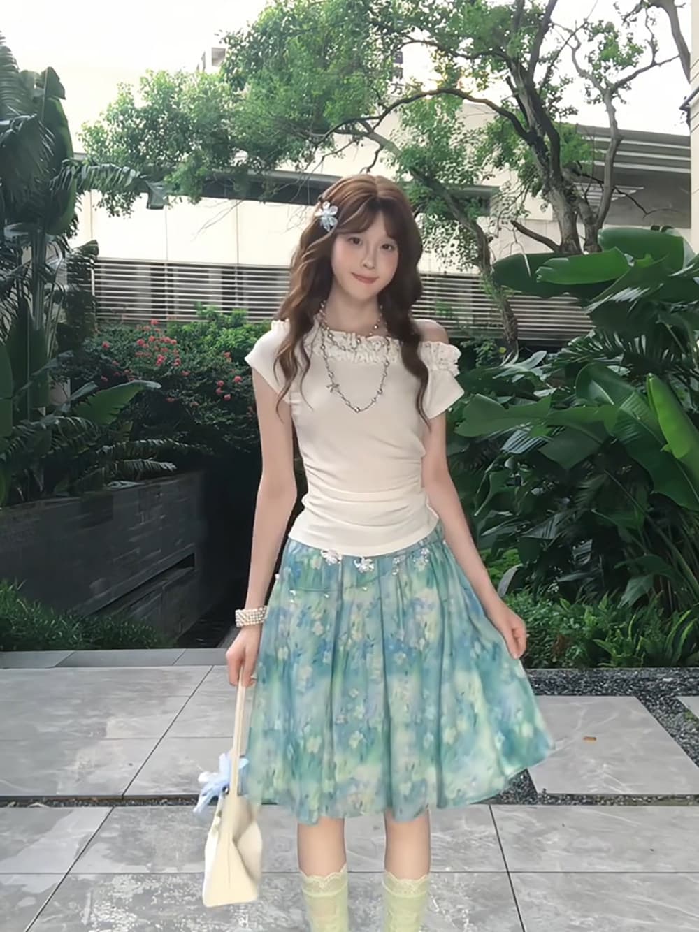 한 부서 달콤한 핫걸 세트 여성 여름 자이언트 잘 생긴 프릴 비스듬한 어깨 의류 꽃무늬 치마 ootd 착용 가져 가라. 전체 집합 상세 이미지 6