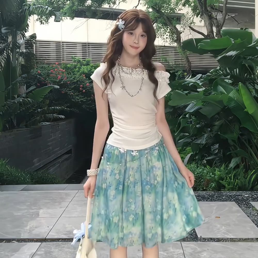 한 부서 달콤한 핫걸 세트 여성 여름 자이언트 잘 생긴 프릴 비스듬한 어깨 의류 꽃무늬 치마 ootd 착용 가져 가라. 전체 집합 이미지 6