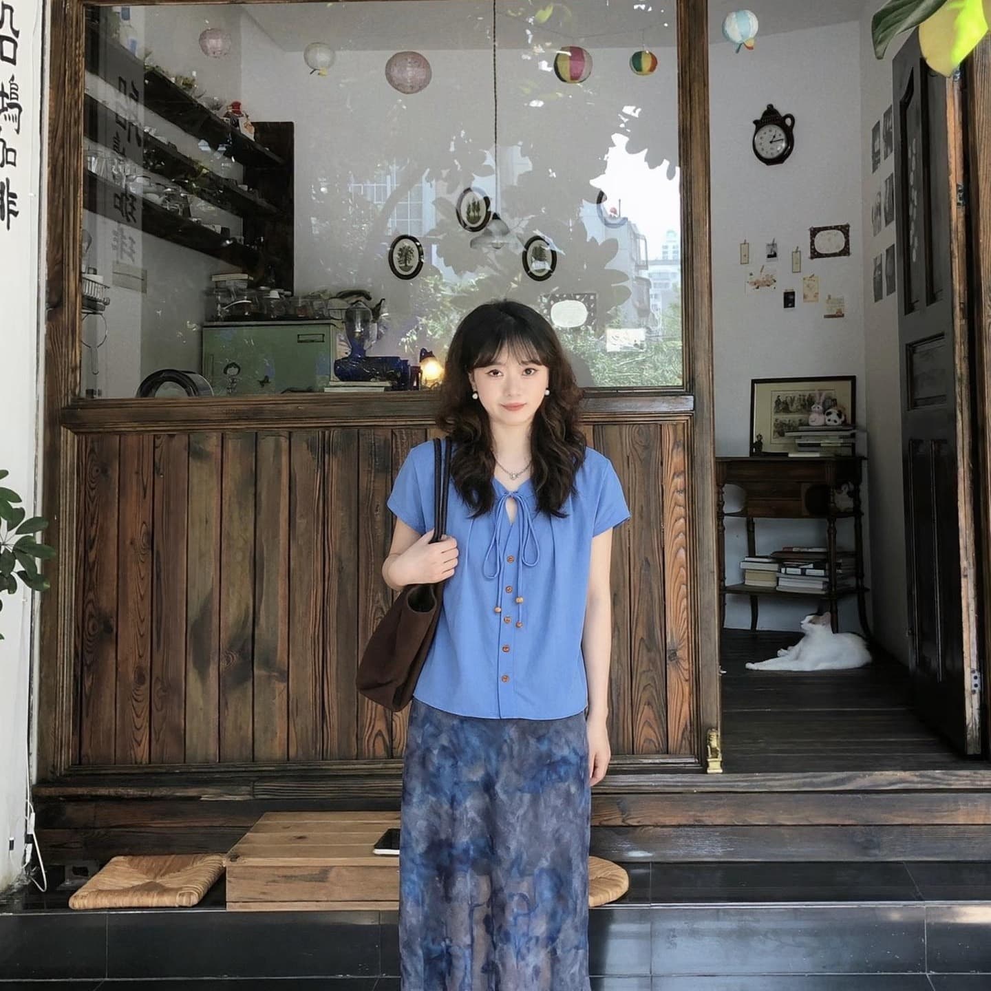 일본식 레트로 연령 감소 레이스업 작은 날다 소매 여성 셔츠 여름 루즈핏 반팔 셔츠 캐주얼 다용도 맨위 이미지 5