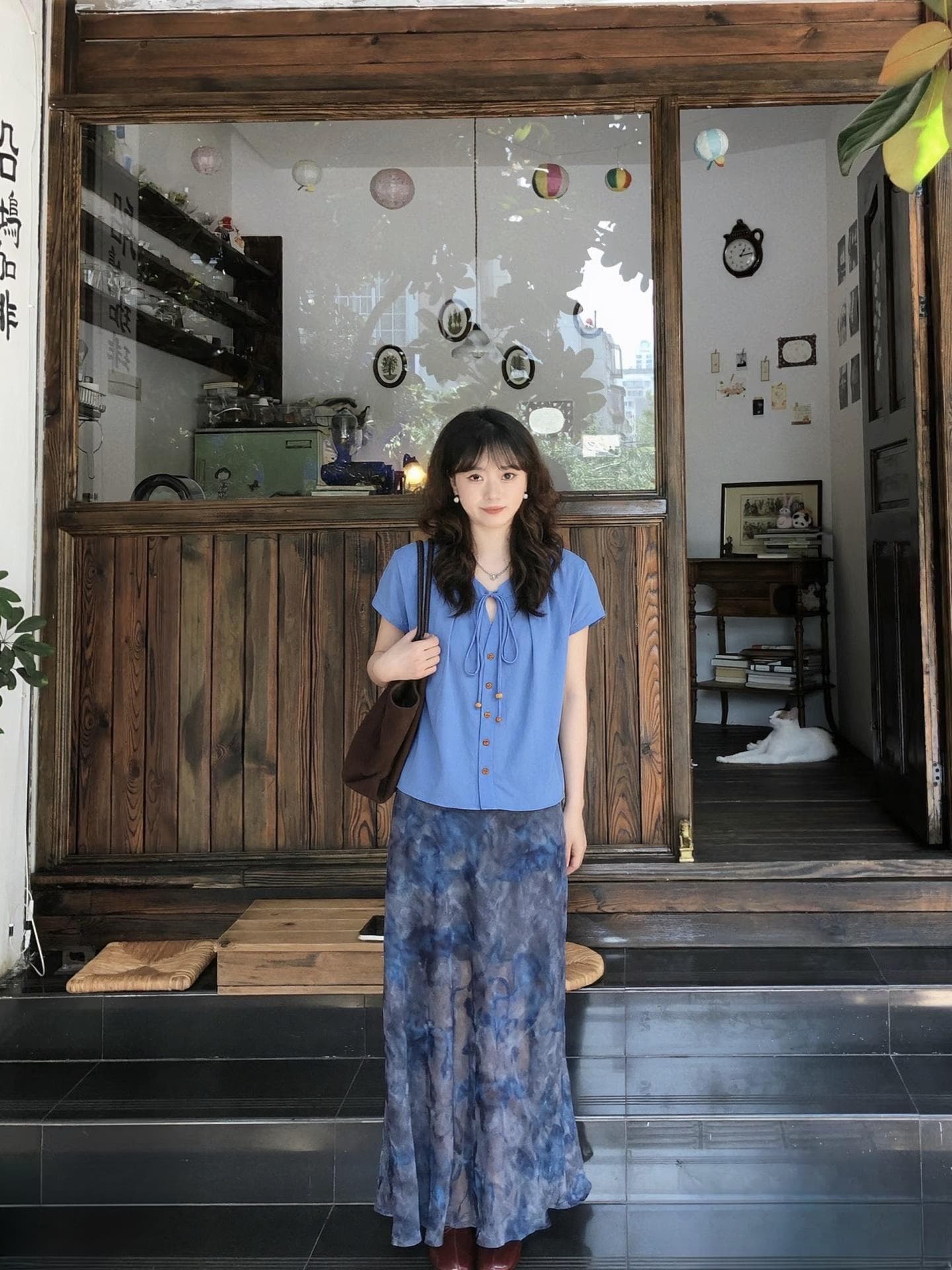 일본식 레트로 연령 감소 레이스업 작은 날다 소매 여성 셔츠 여름 루즈핏 반팔 셔츠 캐주얼 다용도 맨위 상세 이미지 1