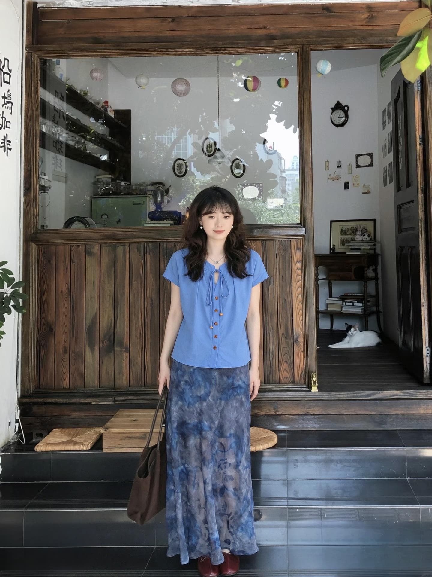 일본식 레트로 연령 감소 레이스업 작은 날다 소매 여성 셔츠 여름 루즈핏 반팔 셔츠 캐주얼 다용도 맨위 상세 이미지 4