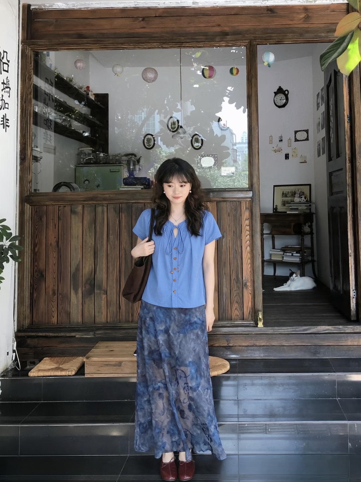 일본식 레트로 연령 감소 레이스업 작은 날다 소매 여성 셔츠 여름 루즈핏 반팔 셔츠 캐주얼 다용도 맨위 상세 이미지 5