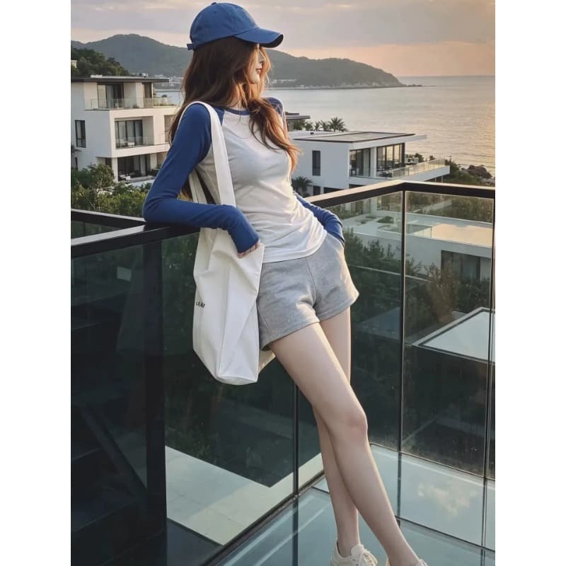 한 부서 chic 긴팔 티셔츠 반바지 캐주얼 세트 여름 2026 새로운 작은 키 절묘한 착용 가져 가라. 전체 집합 상세 이미지 1