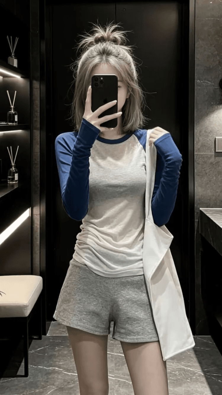 한 부서 chic 긴팔 티셔츠 반바지 캐주얼 세트 여름 2026 새로운 작은 키 절묘한 착용 가져 가라. 전체 집합 상세 이미지 2