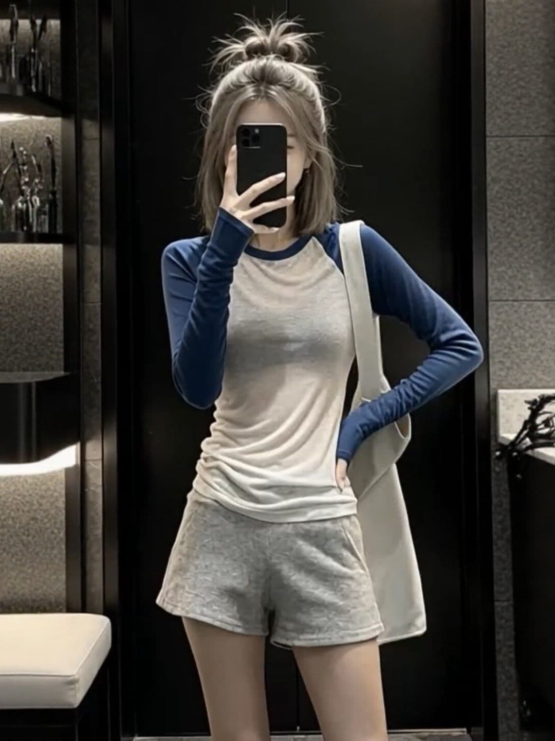한 부서 chic 긴팔 티셔츠 반바지 캐주얼 세트 여름 2026 새로운 작은 키 절묘한 착용 가져 가라. 전체 집합 상세 이미지 5
