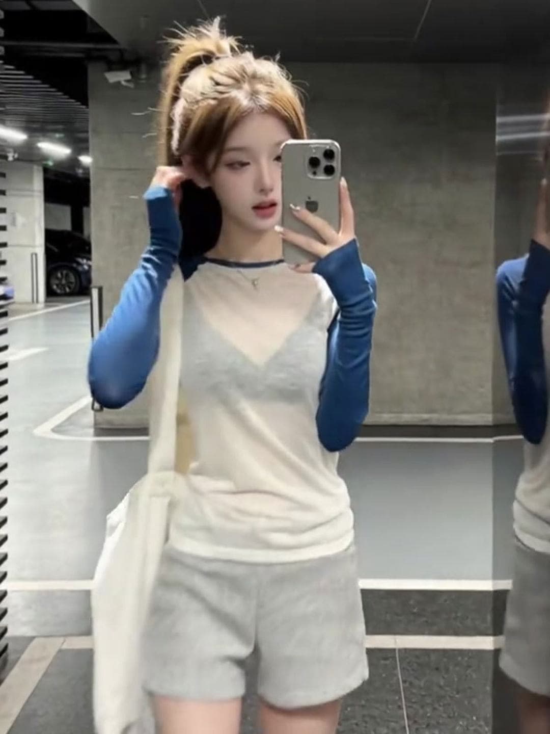 한 부서 chic 긴팔 티셔츠 반바지 캐주얼 세트 여름 2026 새로운 작은 키 절묘한 착용 가져 가라. 전체 집합 이미지 2