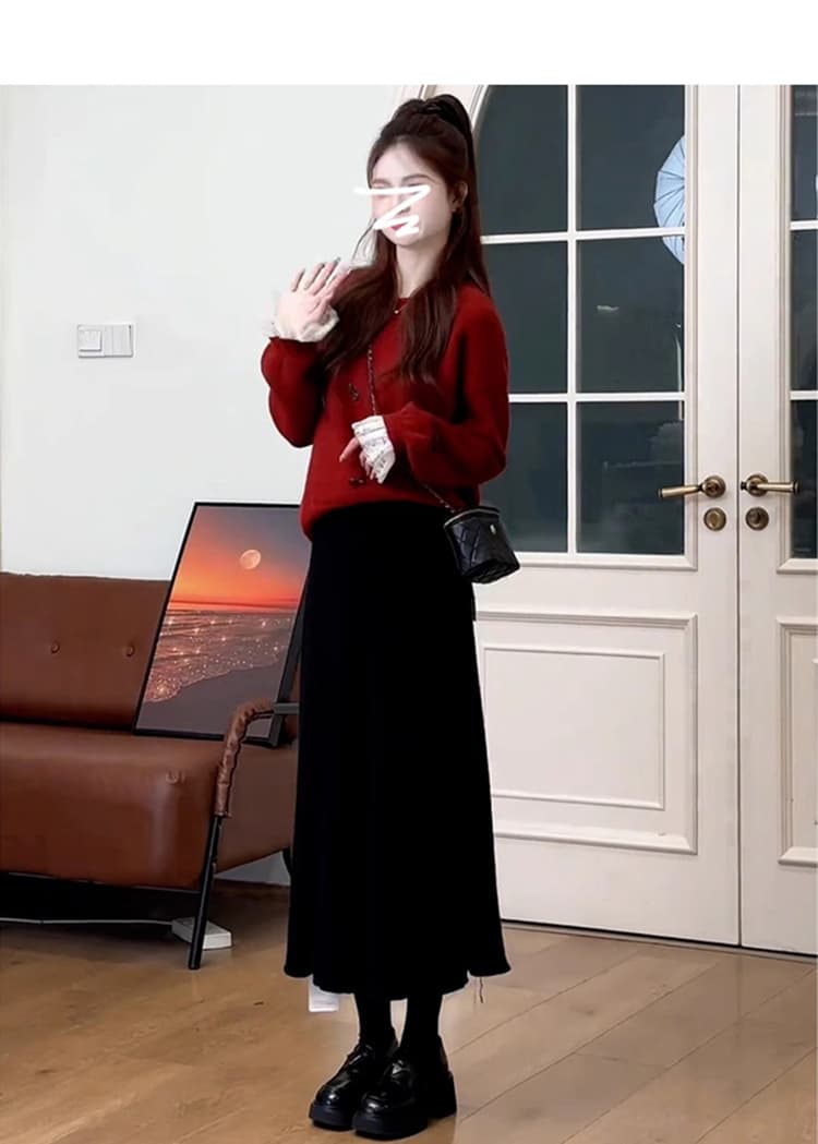 재고 있음 2026 봄 드레스 새로운 출산 착용 봄 가을 세트 나비 매듭 빨간색 스웨터 슬립 드레스 투피스 세트 상세 이미지 9