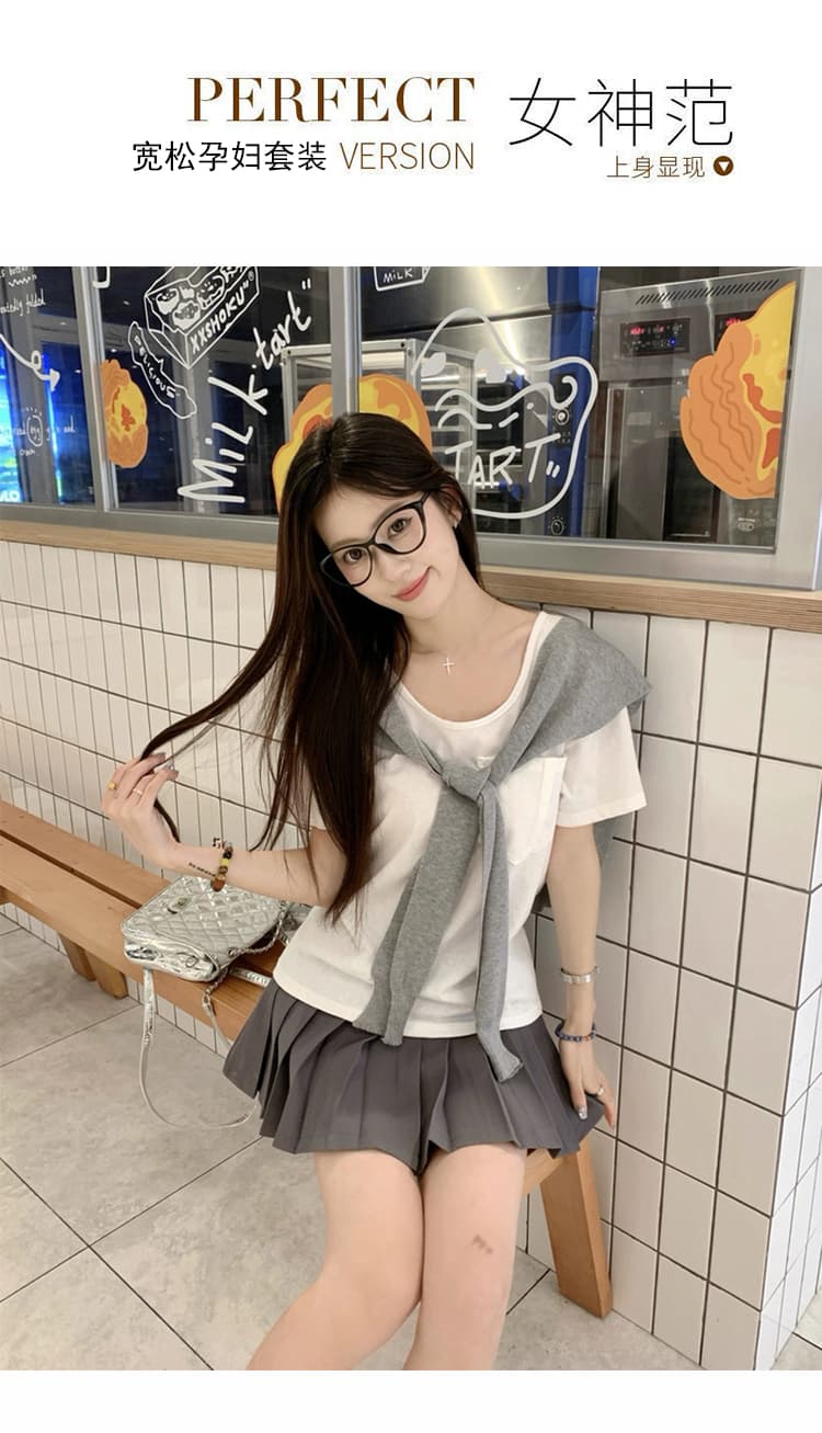질량 선물 물품 2026 여름 드레스 새로운 출산 착용 여름 세트 반팔 맨위 숄 플리츠 미니 스커트 상세 이미지 2