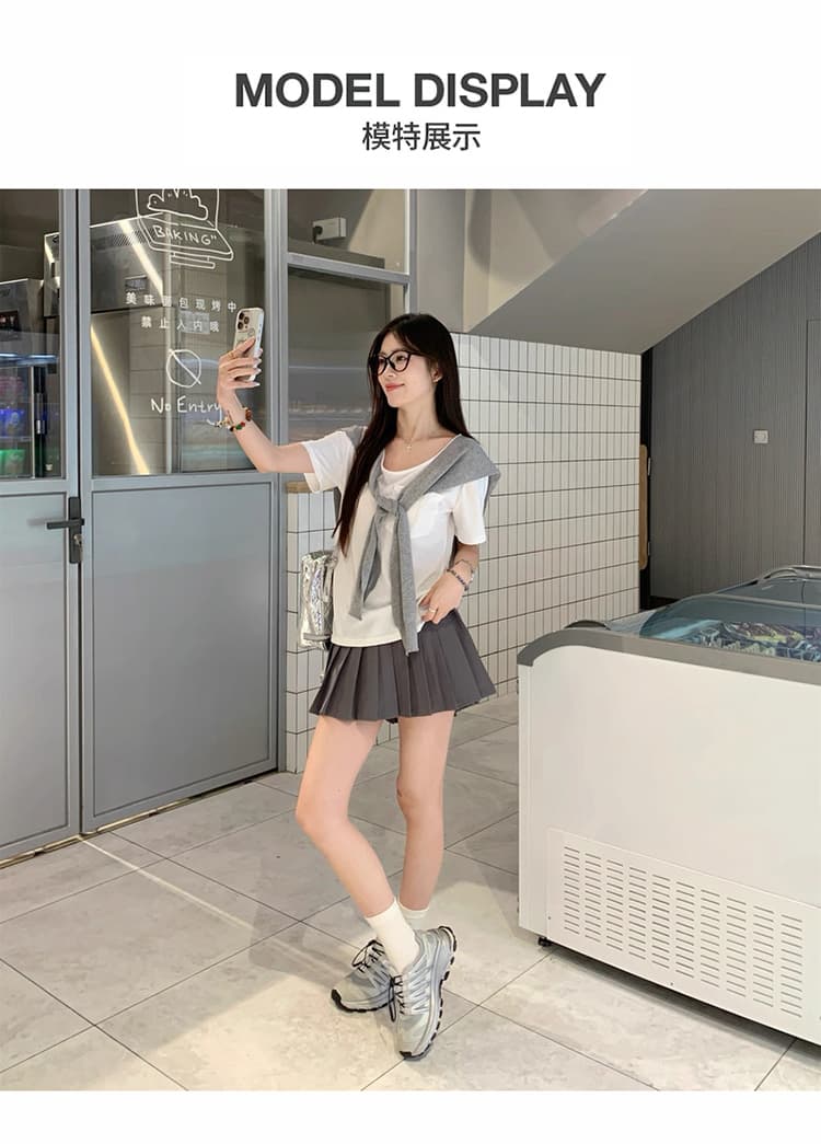 질량 선물 물품 2026 여름 드레스 새로운 출산 착용 여름 세트 반팔 맨위 숄 플리츠 미니 스커트 상세 이미지 9