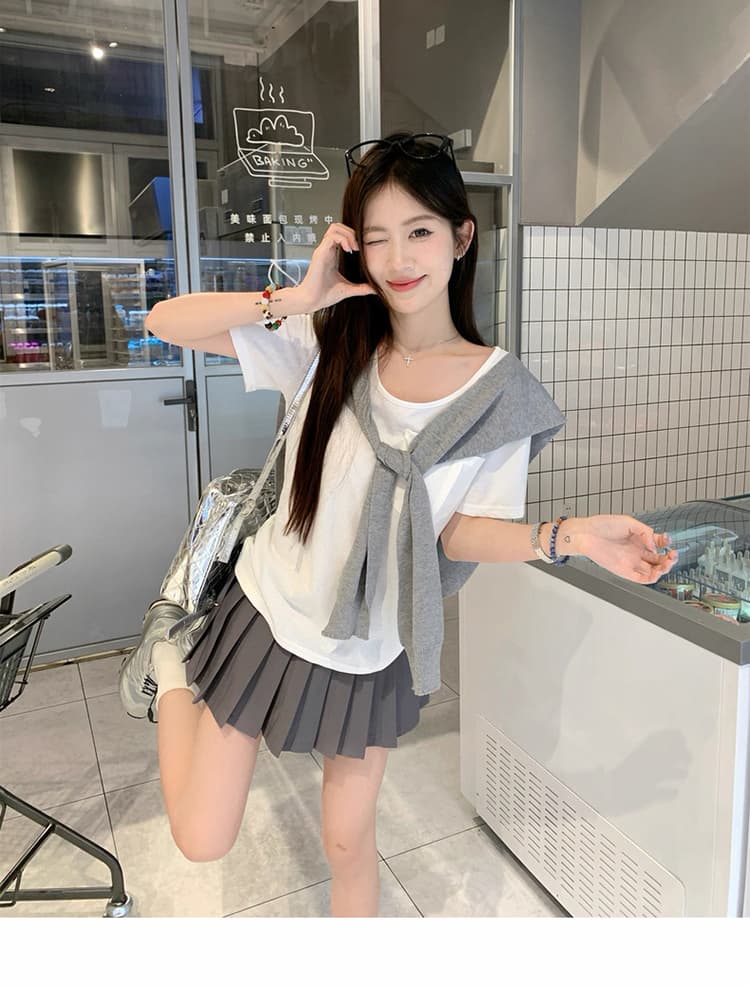 질량 선물 물품 2026 여름 드레스 새로운 출산 착용 여름 세트 반팔 맨위 숄 플리츠 미니 스커트 상세 이미지 12