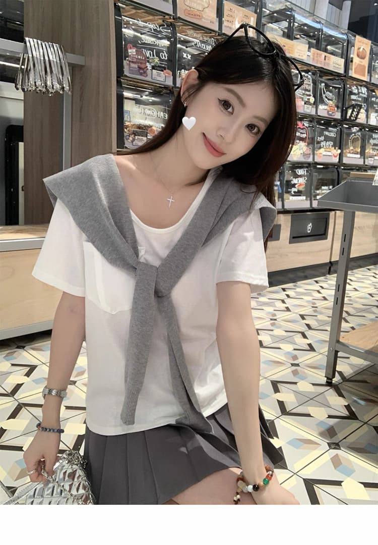 질량 선물 물품 2026 여름 드레스 새로운 출산 착용 여름 세트 반팔 맨위 숄 플리츠 미니 스커트 상세 이미지 22
