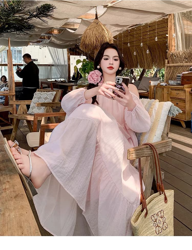 질량 재고 있음 2026 임산부 이른 가을 오프숄더 루즈핏 드레스 중간 길이 치마 봄 가을 인형 치마 상세 이미지 14