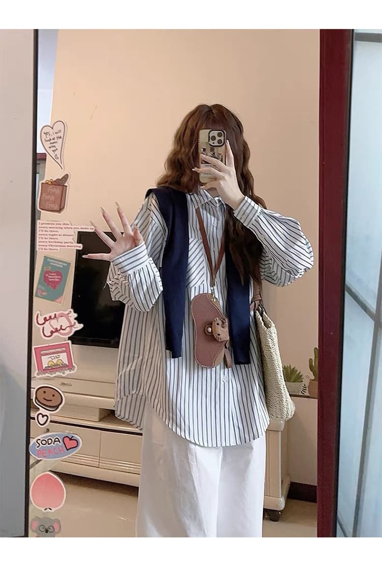 질량 선물 물품 2026 이른 가을 임산부 봄과 가을 옷 세트 스트라이프 셔츠 맨위 숄 와이드 레그 팬츠 가을 상세 이미지 13