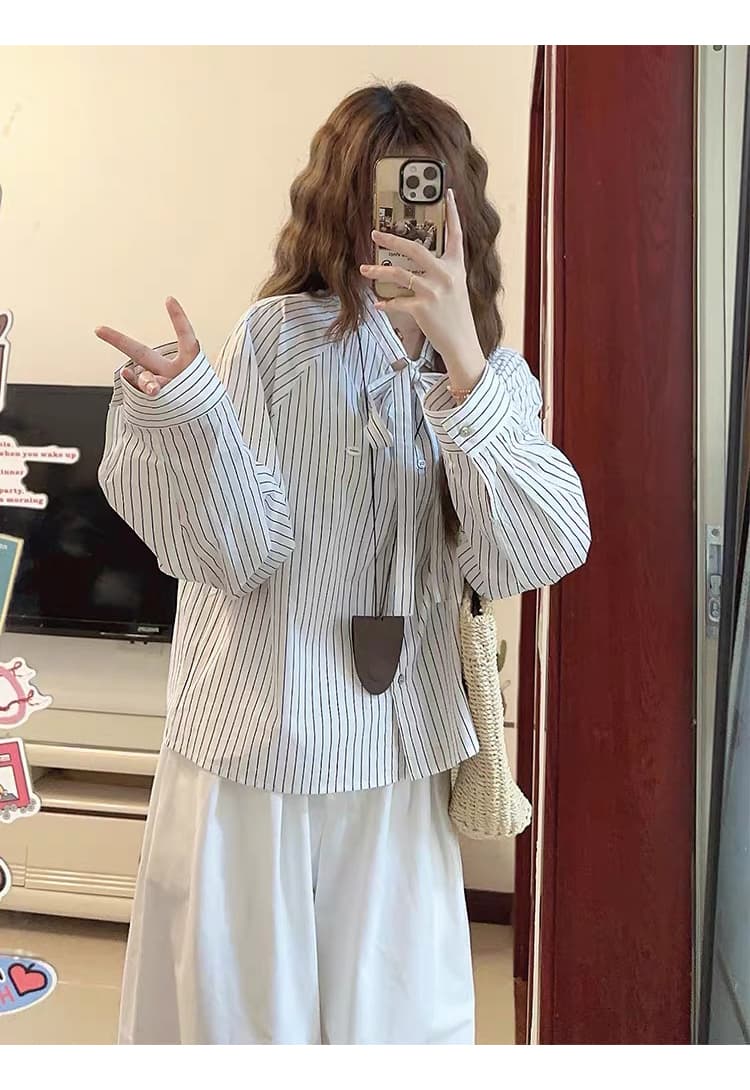 질량 선물 물품 2026 이른 가을 임산부 봄과 가을 옷 세트 스트라이프 셔츠 맨위 와이드 레그 팬츠 가을 투피스 세트 상세 이미지 12