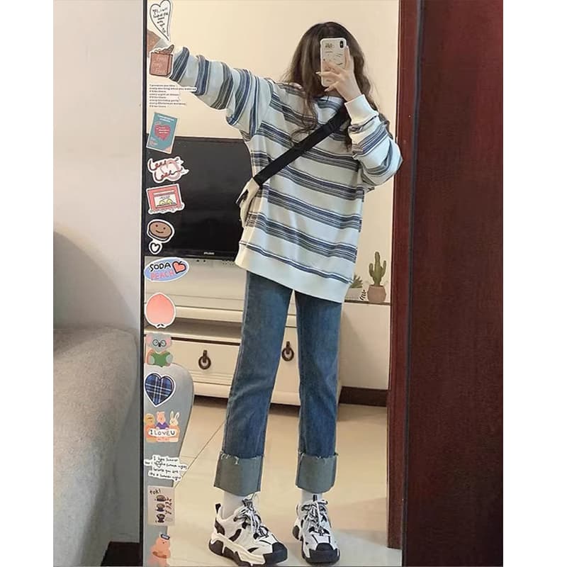 질량 선물 물품 2026 출산 착용 봄과 가을 옷 세트 스트라이프 후드티 맨위 청바지 봄과 가을 투피스 세트 이미지 4